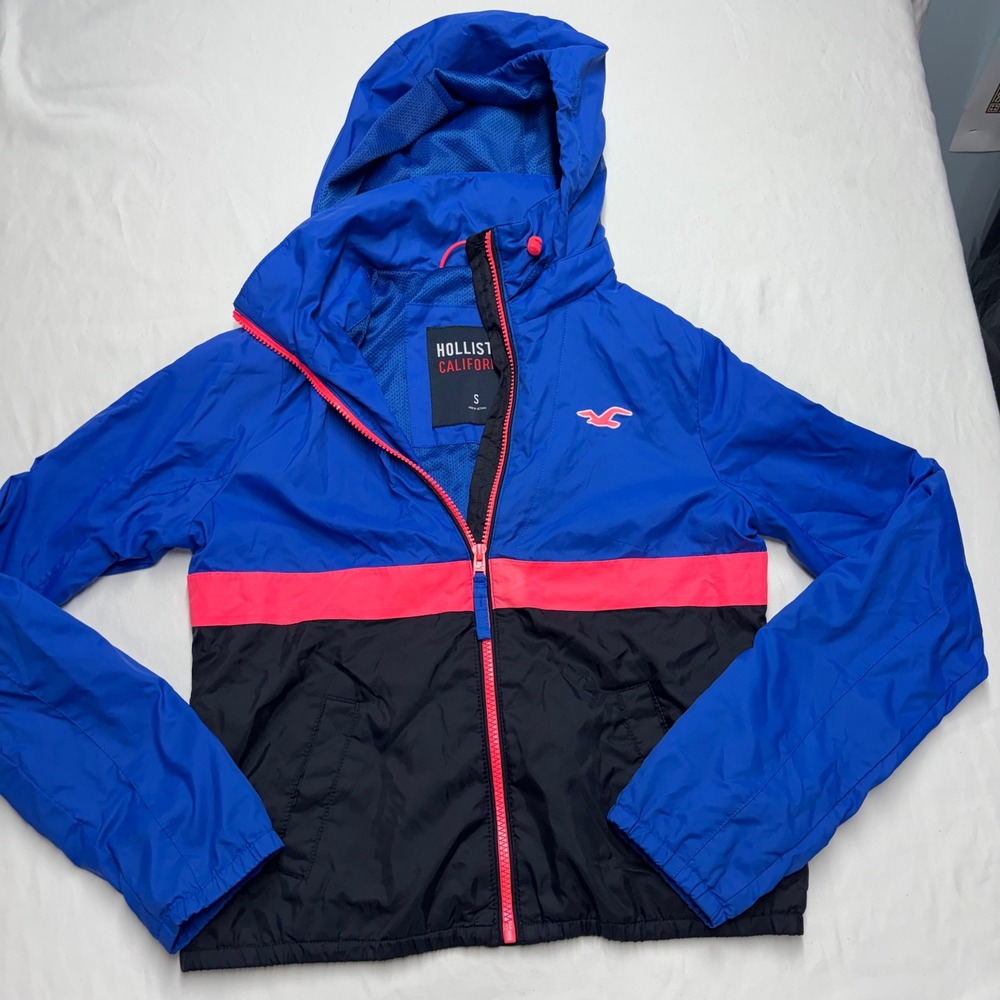 Hollister California Windbreaker Jacket Blue Black Pink Hooded Mesh Lined Small